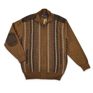 Vintage-Inspired Brown Patterned Zip Sweater Jacket